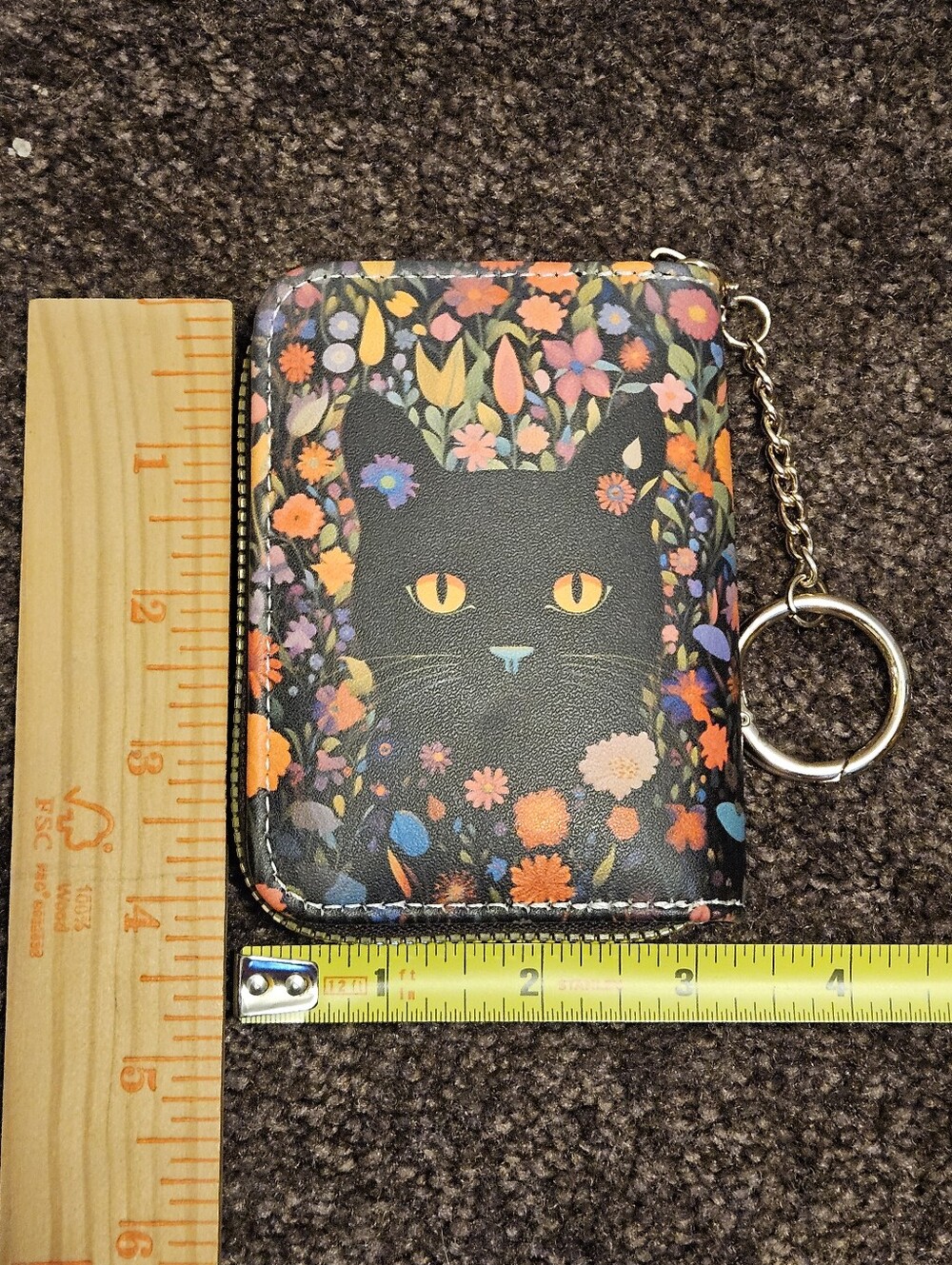 Black Cat Multicolor Floral Mini Keychain Card Wallet